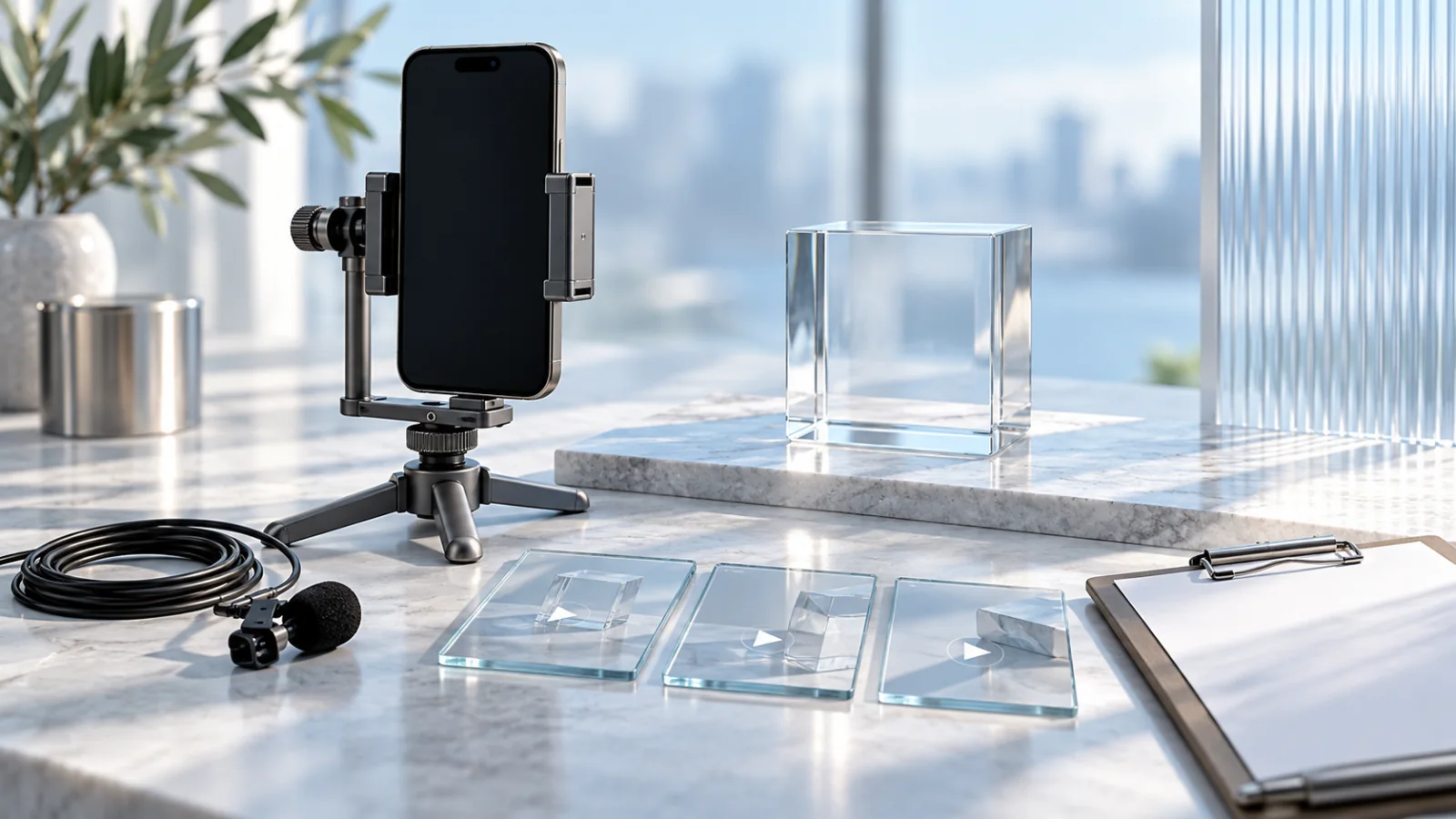 A silver smartphone filming rig and lavalier microphone beside separate glass video-frame tiles and a blank shot-list clipboard