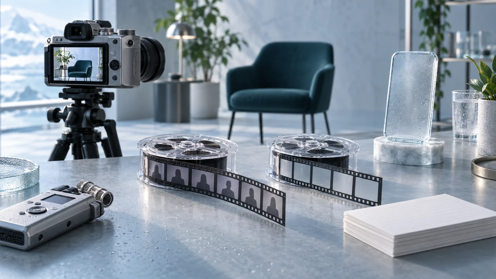 An icy video-production bench with a camera, separate source and edit reels, an audio recorder and an empty interview chair