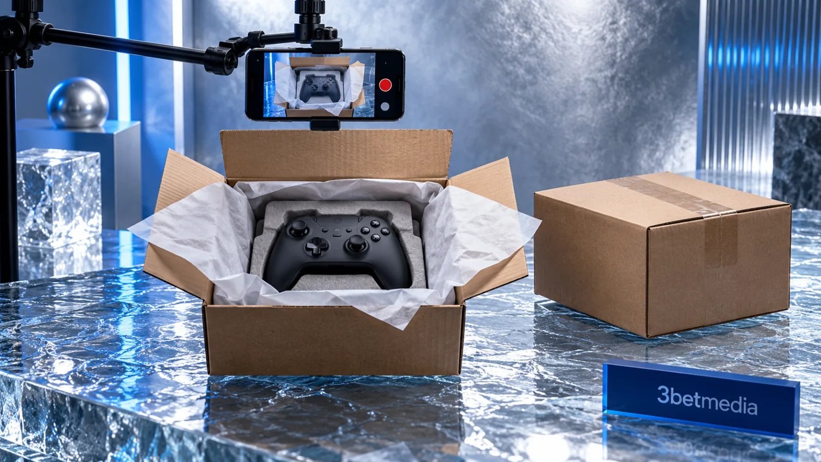 An imagined gaming controller unboxing filmed by an overhead phone beside a second sealed carton on an ice-glass table with a 3betmedia plaque