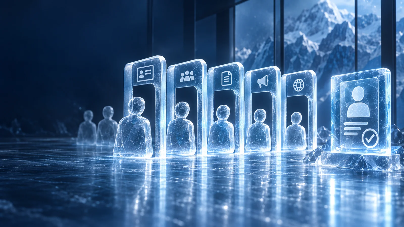 Abstract creator profiles moving through layered crystalline verification gates