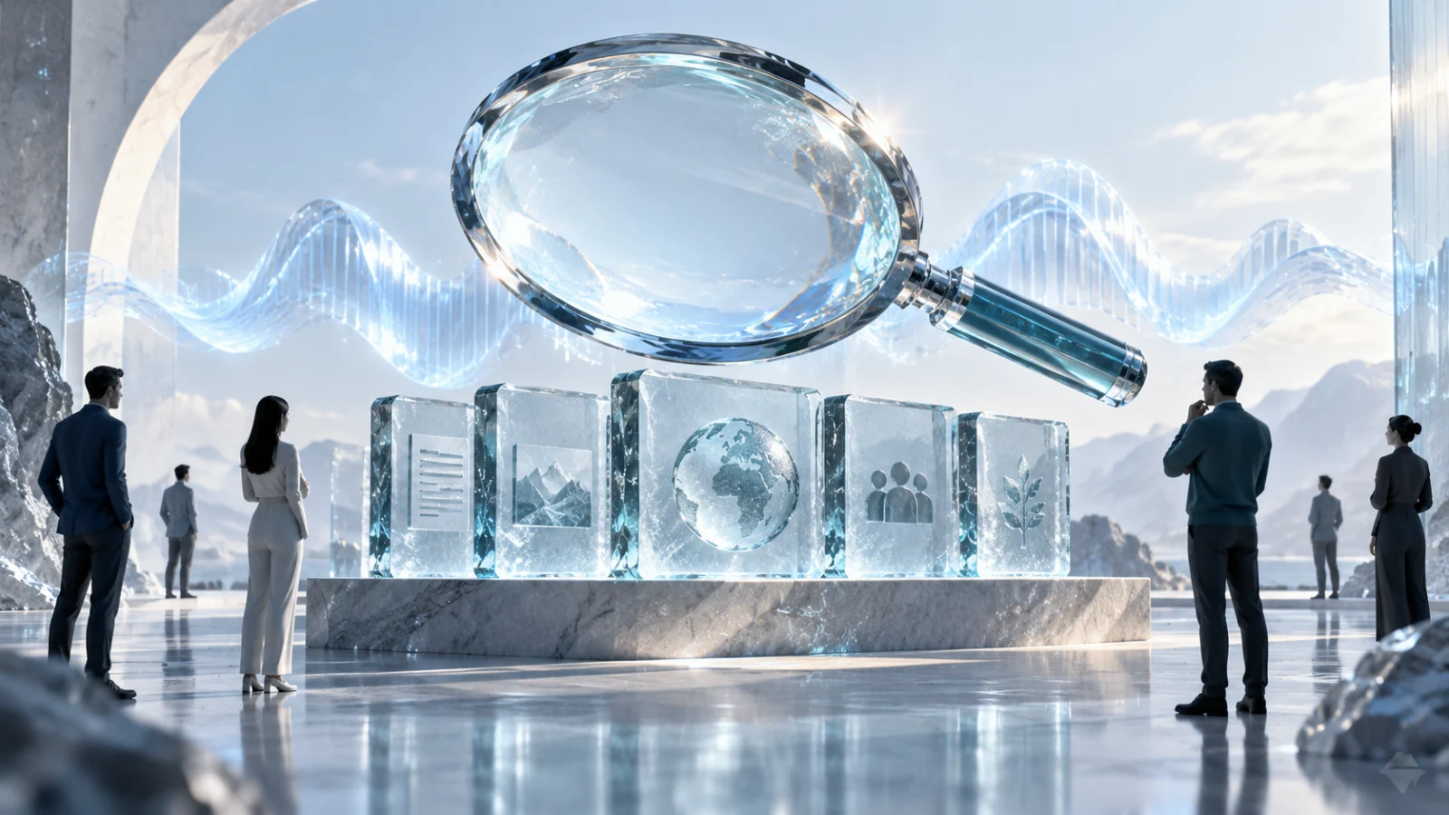 Clear glass search lens above a shelf of verified ice-blue information slabs