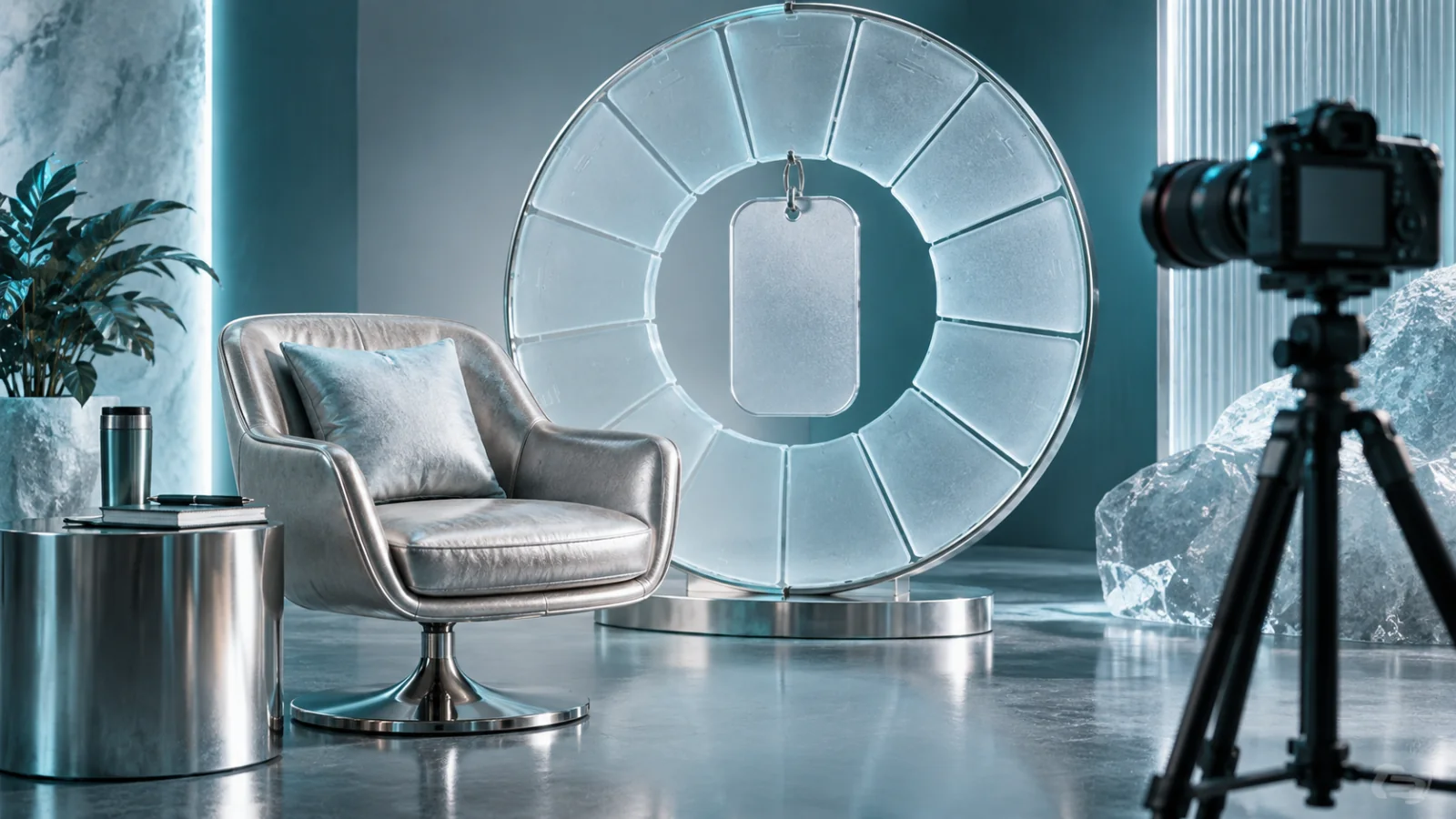 A studio chair beside an unnumbered ice-glass calendar wheel and blank medallion