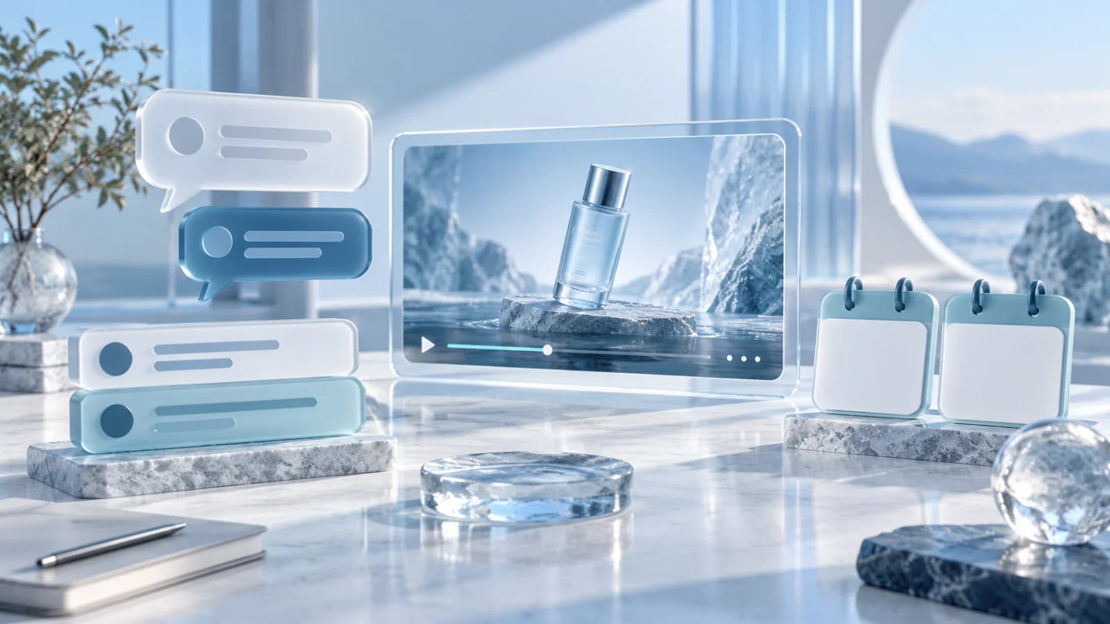 Paired abstract caption strips, speech shapes and neutral calendar tiles beside a glass product-video frame