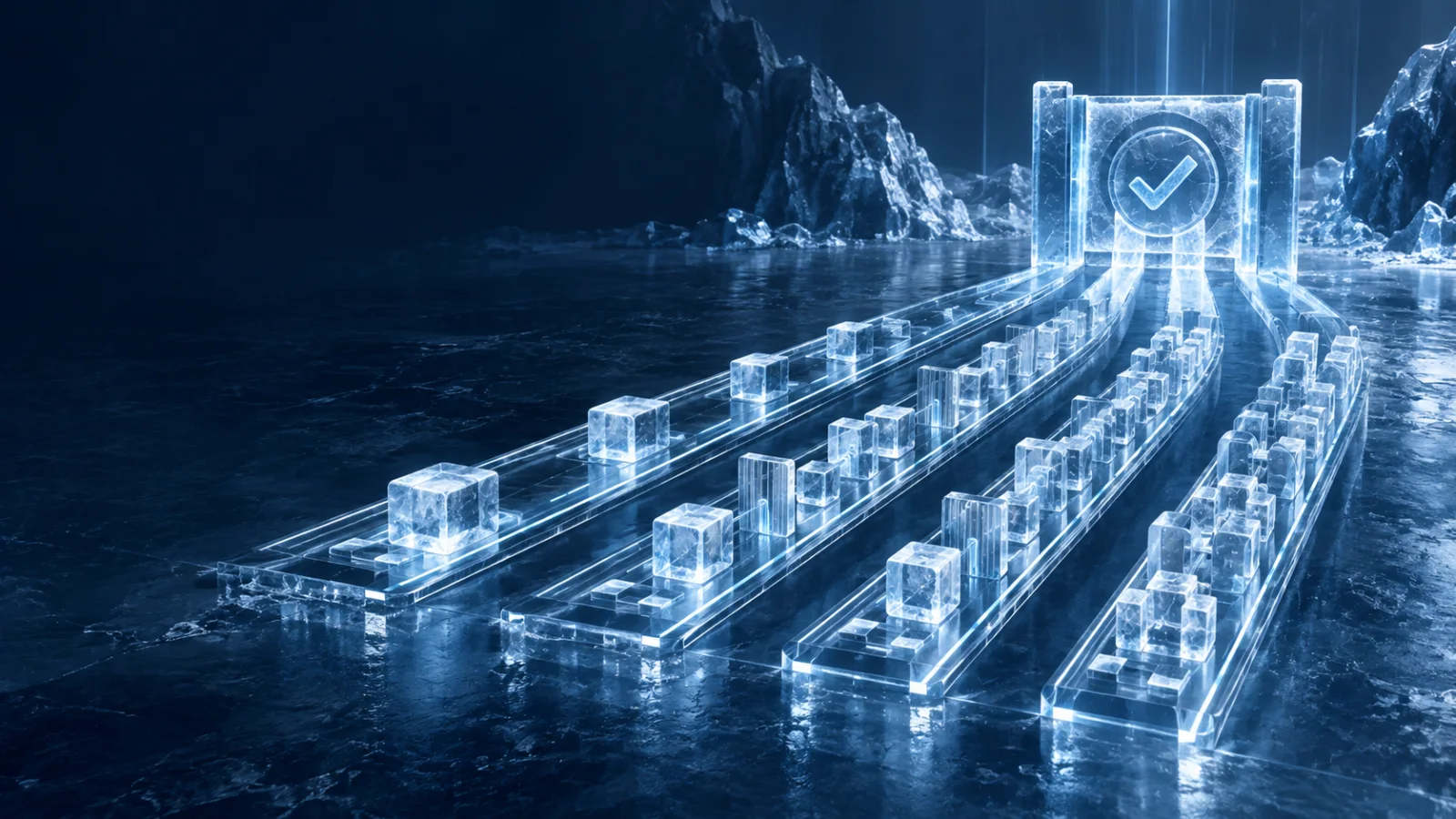 Four crystalline production lanes converging on one verified clipping output gate