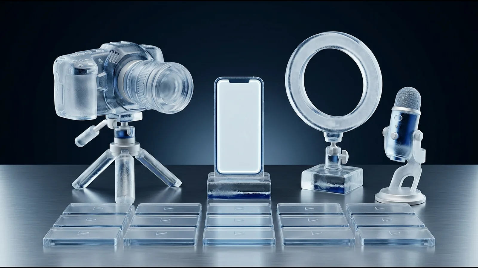 Ice-glass content studio with a camera, a vertical phone, a ring light and a microphone above a grid of glass video tiles