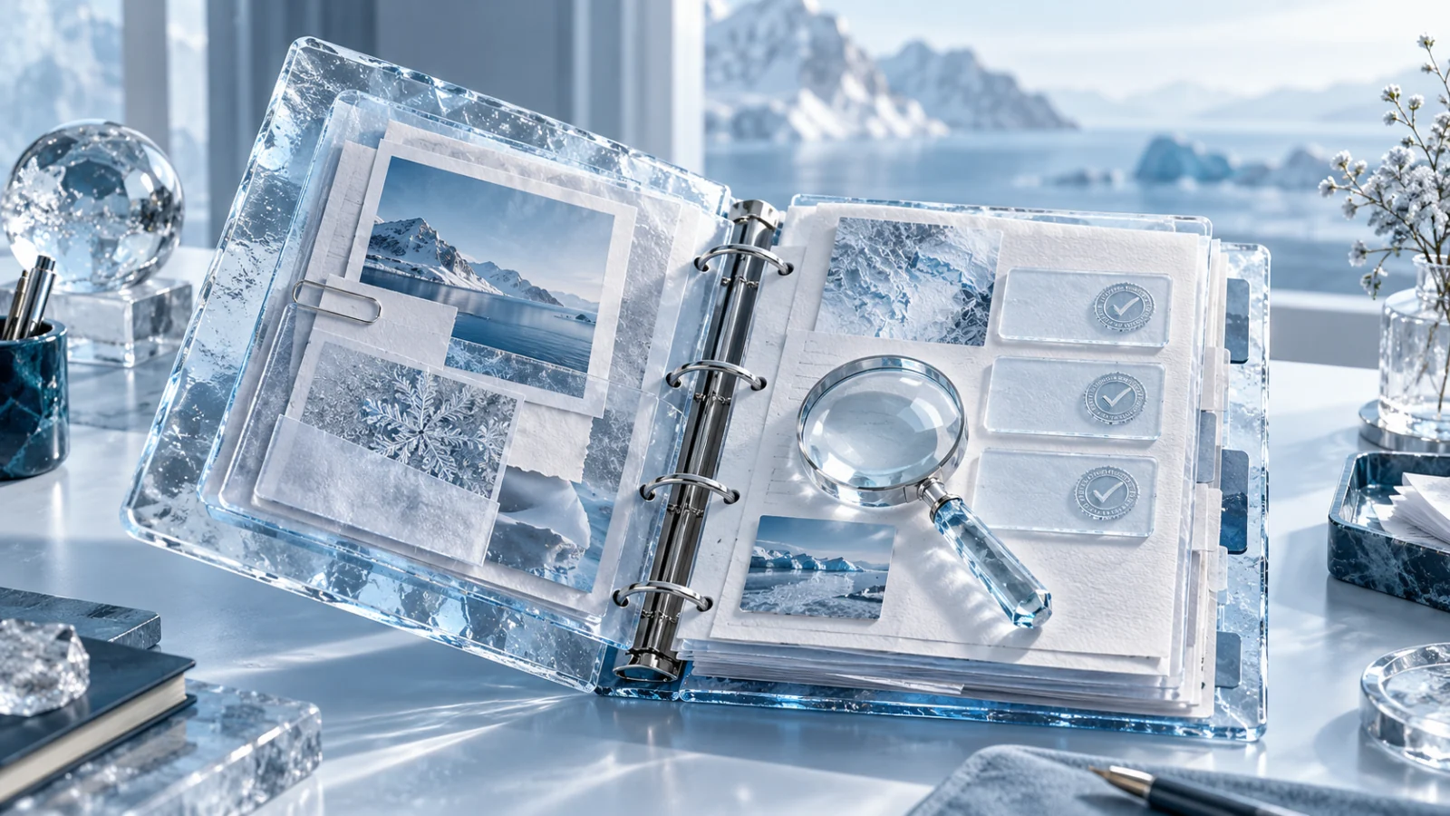 Crystalline evidence binder with layered documents, claim tiles and a clear review lens