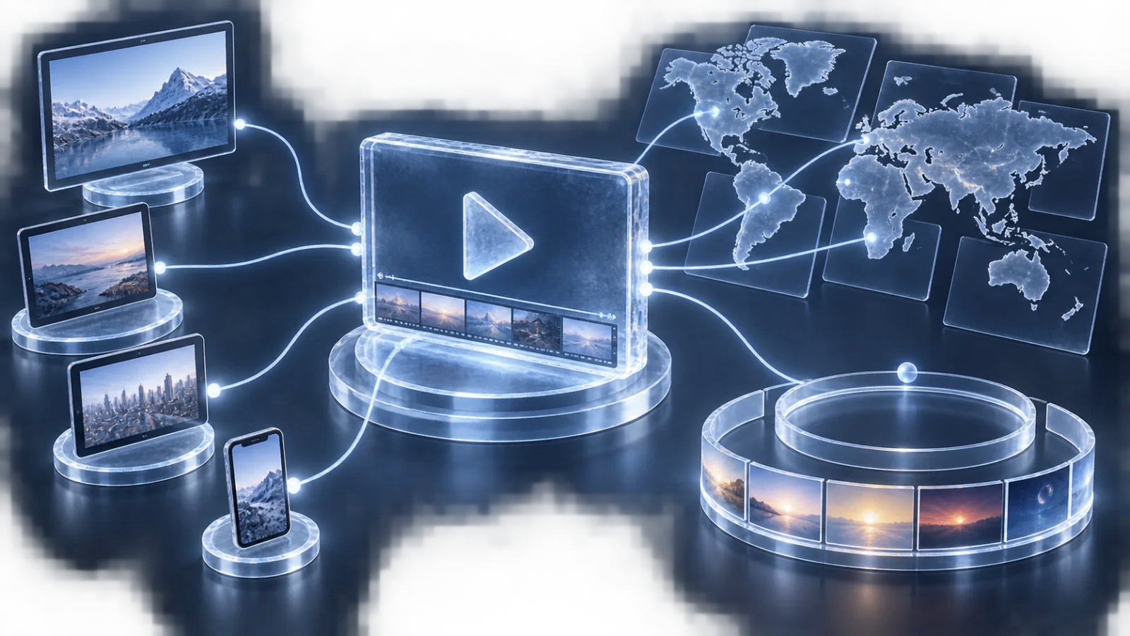 Transparent ice-glass rights map connecting creator content to approved channels, territories and time windows