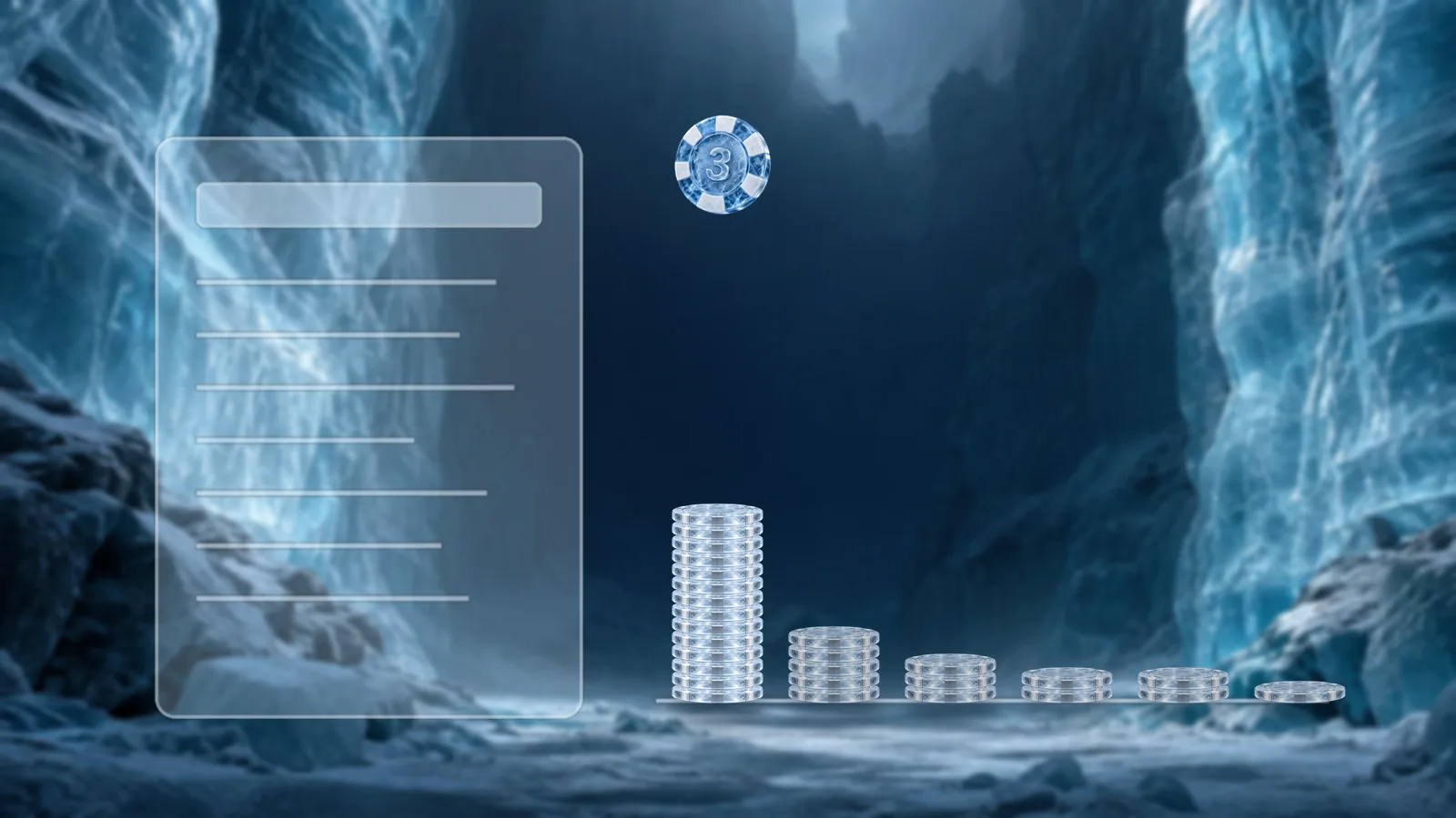 A frosted ice report sheet with a title bar and text lines in an ice canyon, beside six stacks of poker chips on a frosted baseline, the first stack much taller than the rest