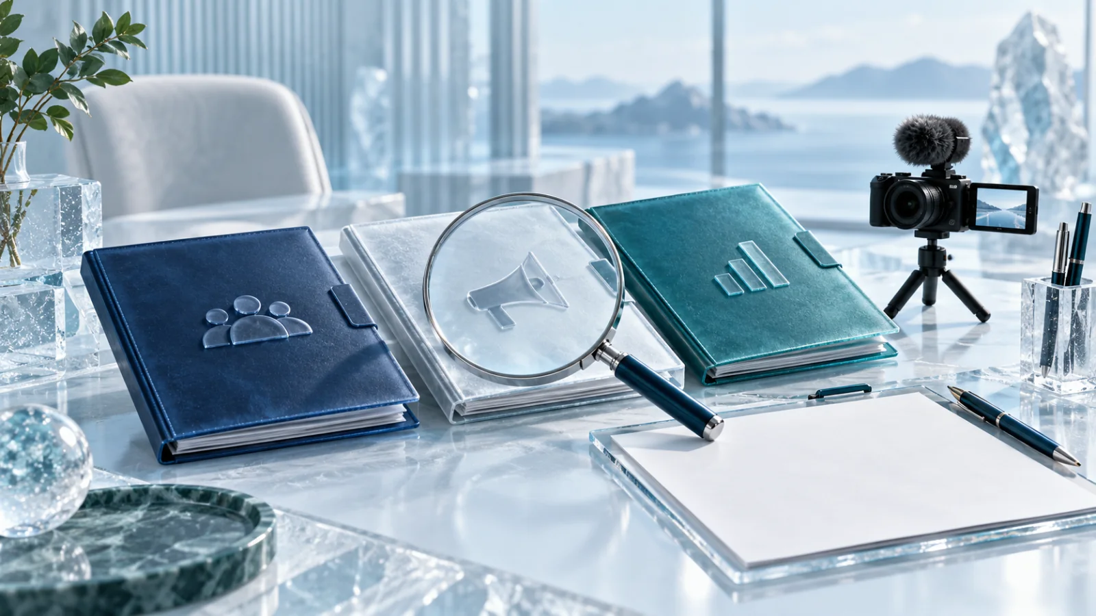 Three proposal folders, a magnifying lens and a creator camera on an icy blue procurement desk