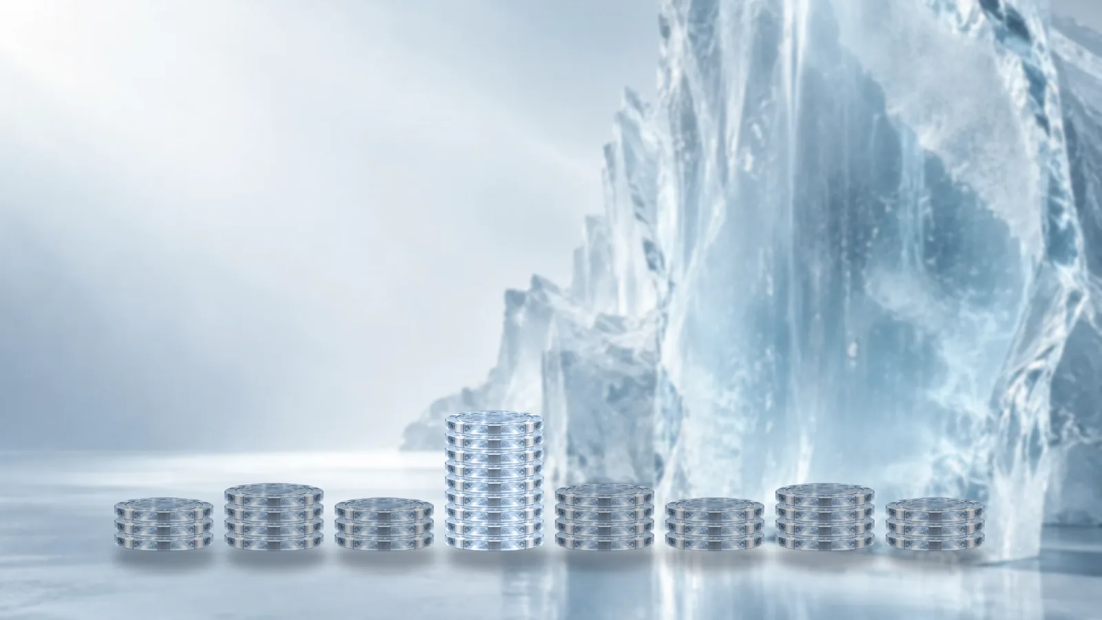 Eight stacks of frosted ice poker chips in a row on an ice shelf, one stack taller and brighter than the rest