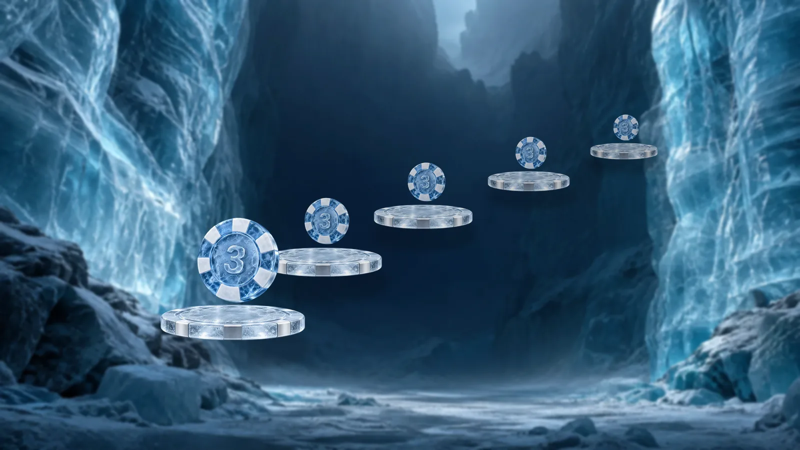 Five round ice pedestals of growing size winding down an ice canyon, each with a poker chip on top, the nearest chip largest