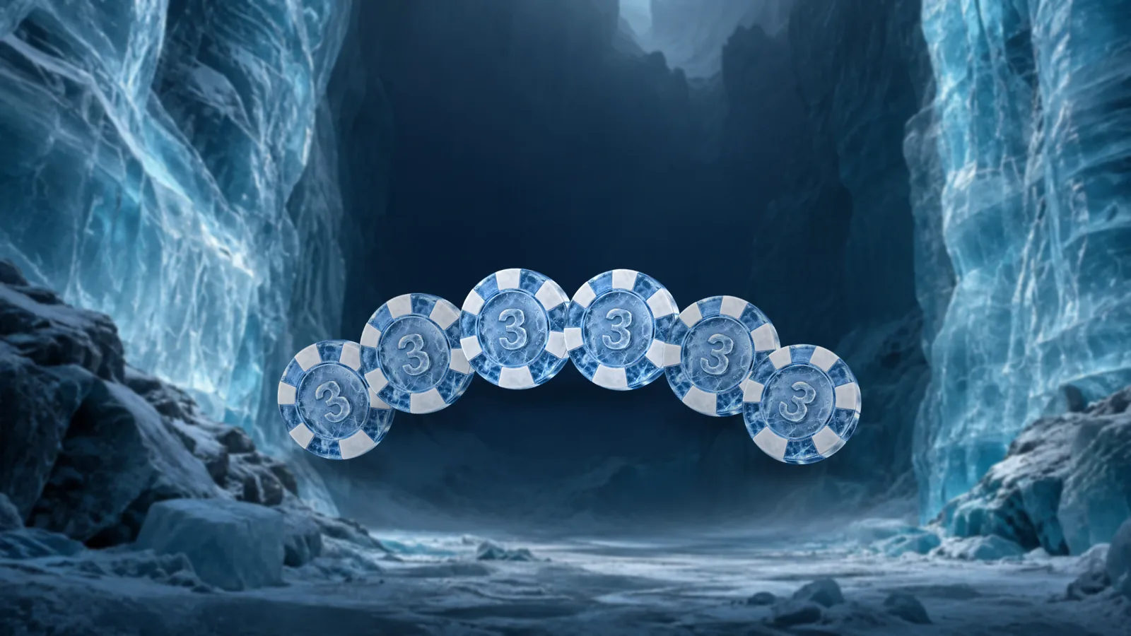 Six frosted ice poker chips fanned out in an arc in front of a glacier wall