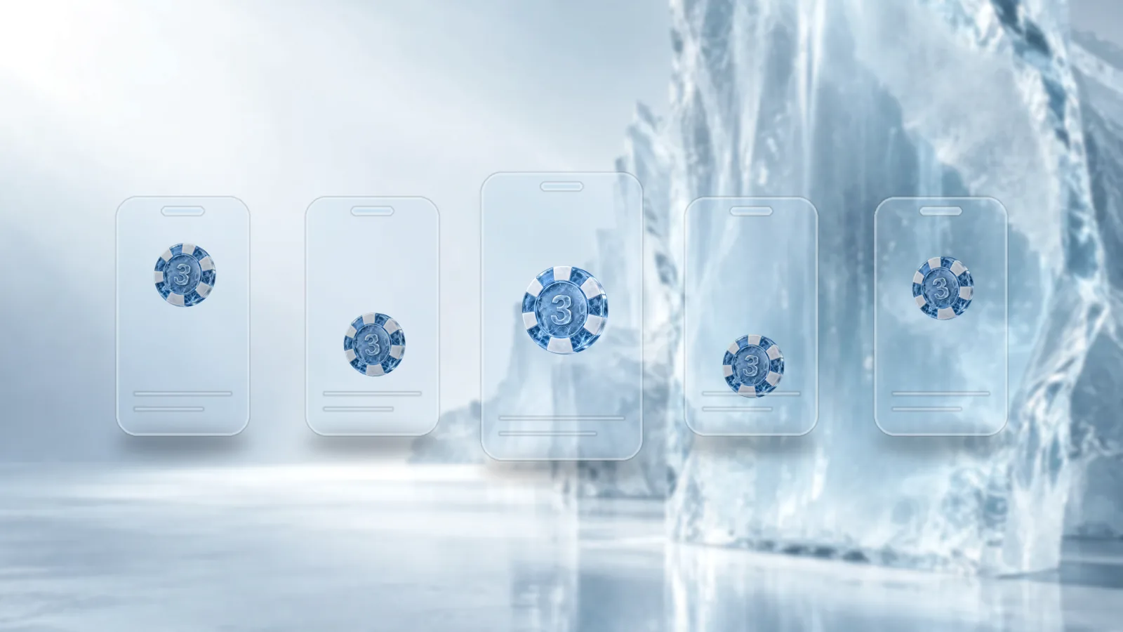 Five frosted ice phone frames standing in a row in a bright ice studio, each with a poker chip at a different height, the centre frame larger