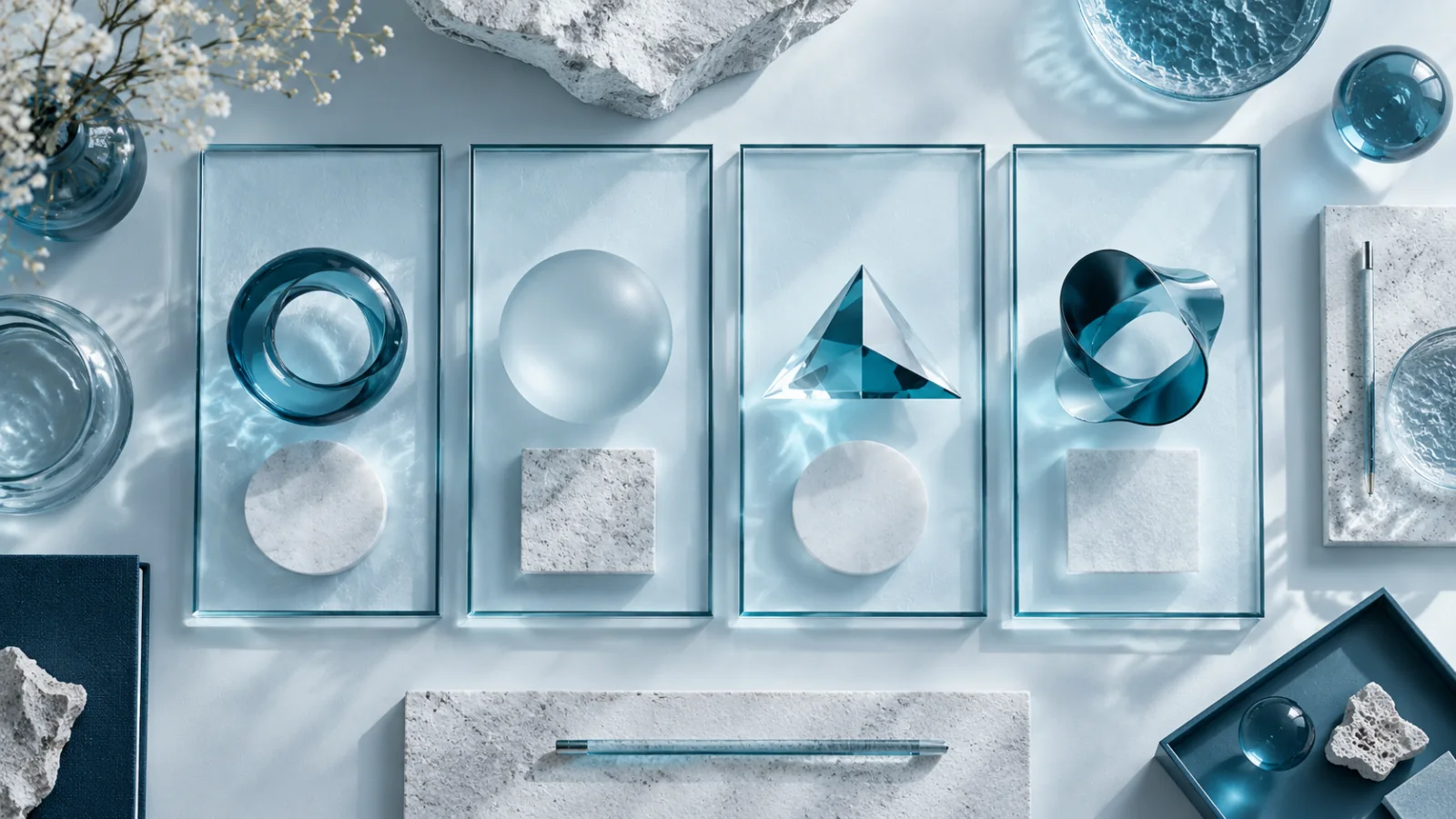 Four ice-glass panels with distinct abstract opening shapes arranged on a testing desk