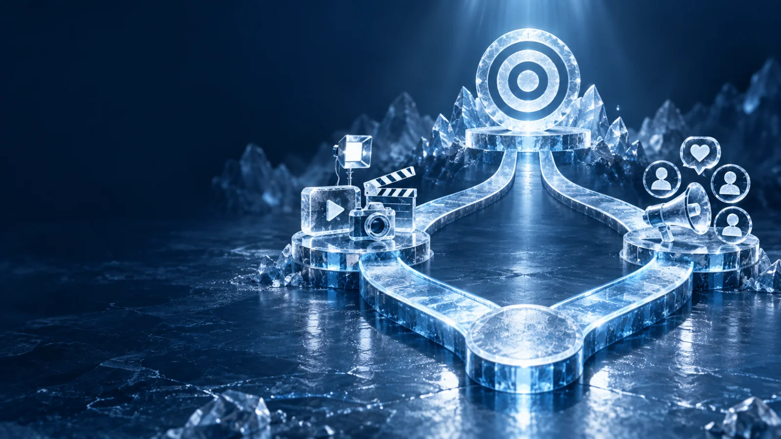 Two crystalline campaign paths for creator-made assets and influencer distribution joining one objective
