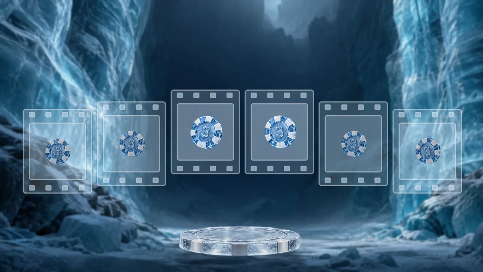 Six frosted ice film frames with sprocket holes in a row across an ice canyon, each holding a poker chip, above a round ice pedestal