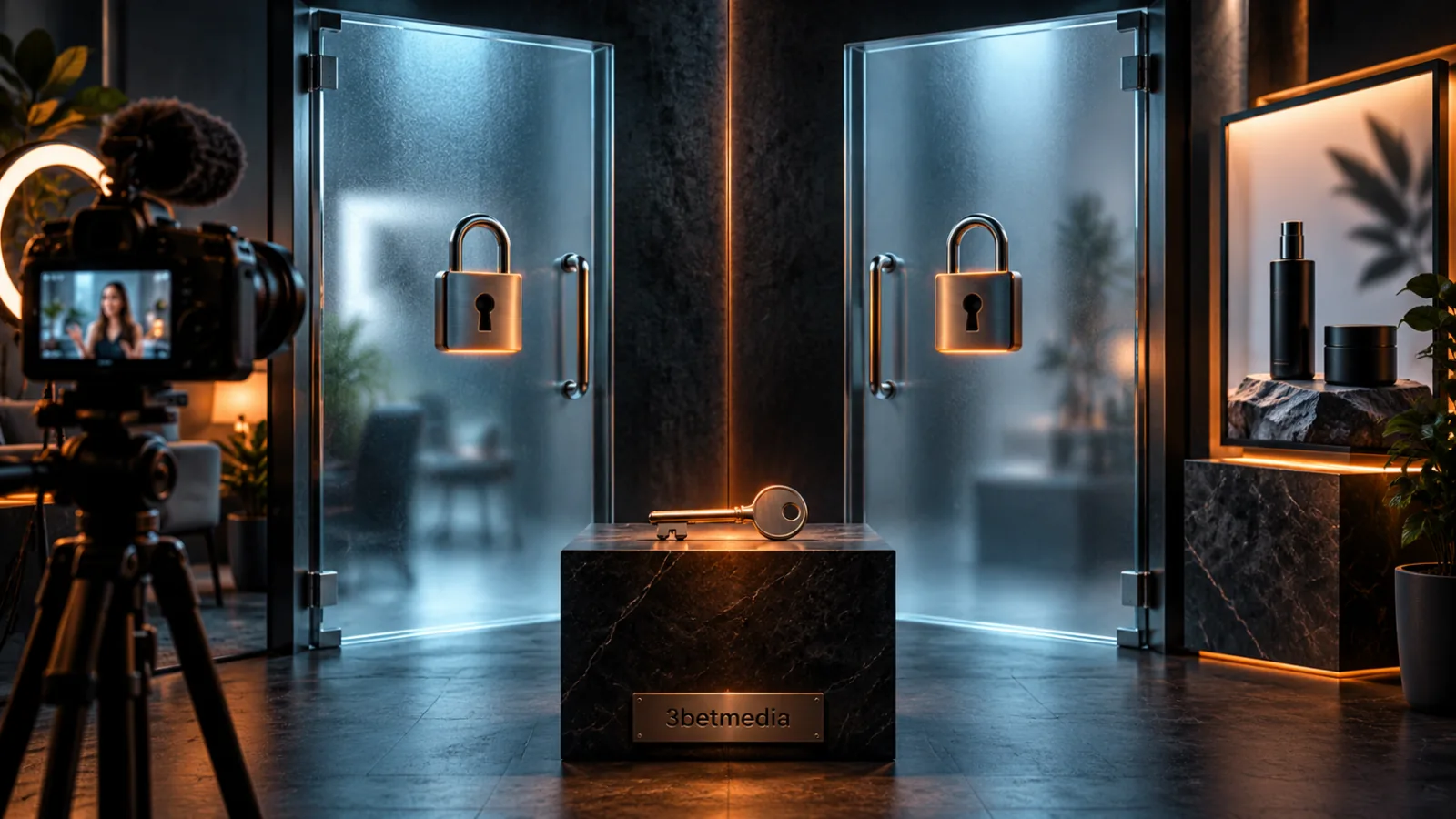 Two locked glass permission doors between a creator camera and a brand display