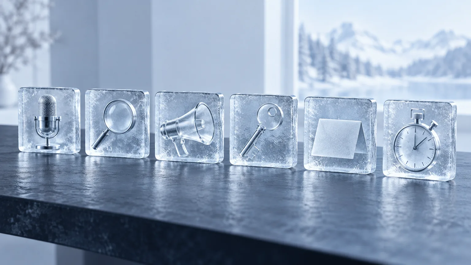 Six frosted ice-glass tiles in a row holding a microphone, a magnifying loupe, a megaphone, a key, a folded card and a stopwatch