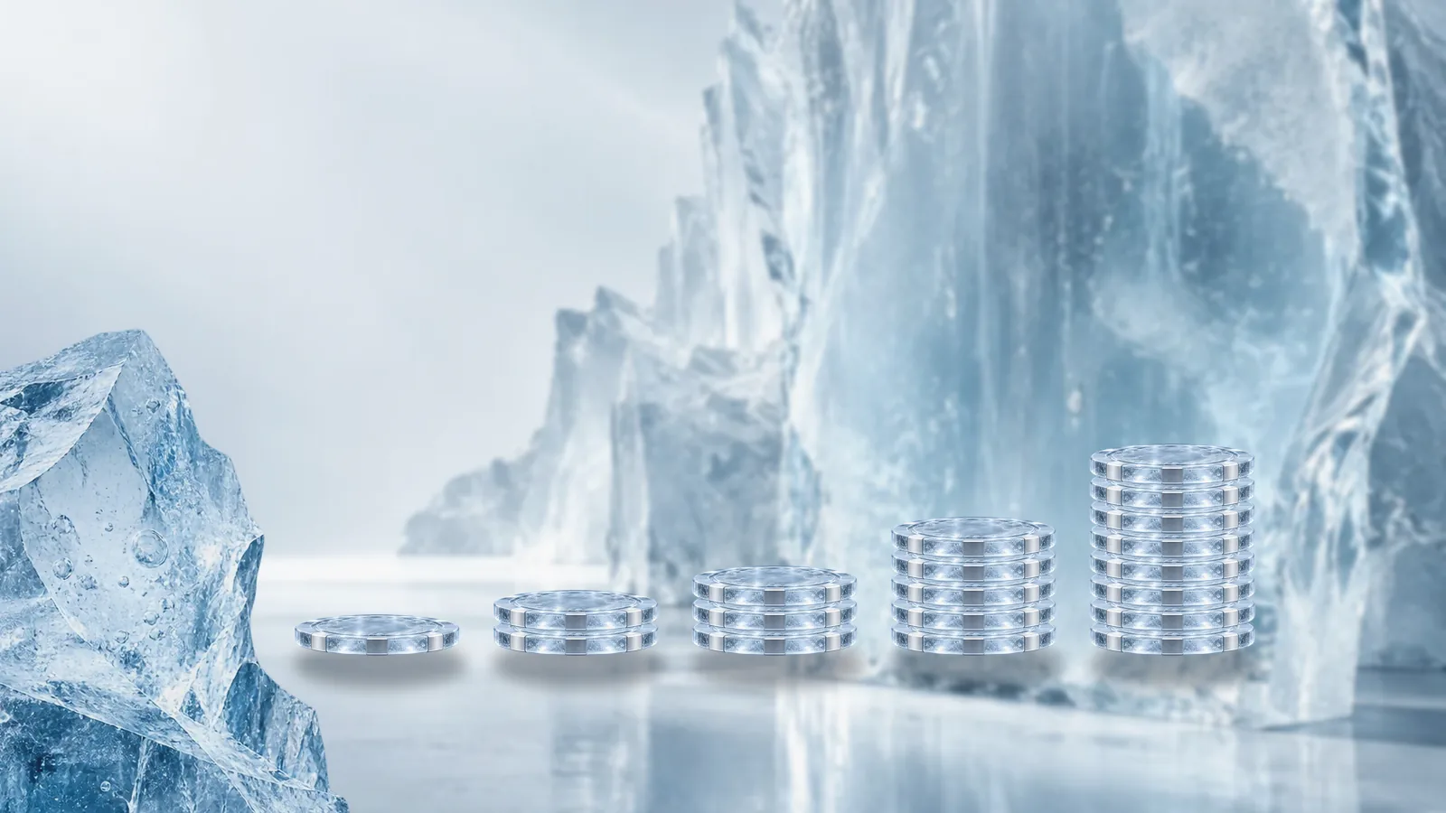 Five stacks of flat ice poker chips rising in height from one chip to eight on a bright ice shelf beside an ice block