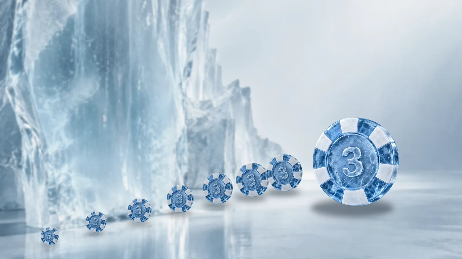 A trail of small frosted ice poker chips crossing an ice shelf toward one large chip, pale glacier behind