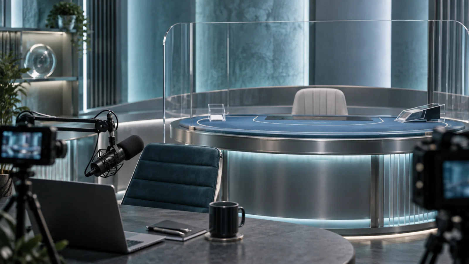An empty curved dealer-style table separated from a creator microphone and cameras