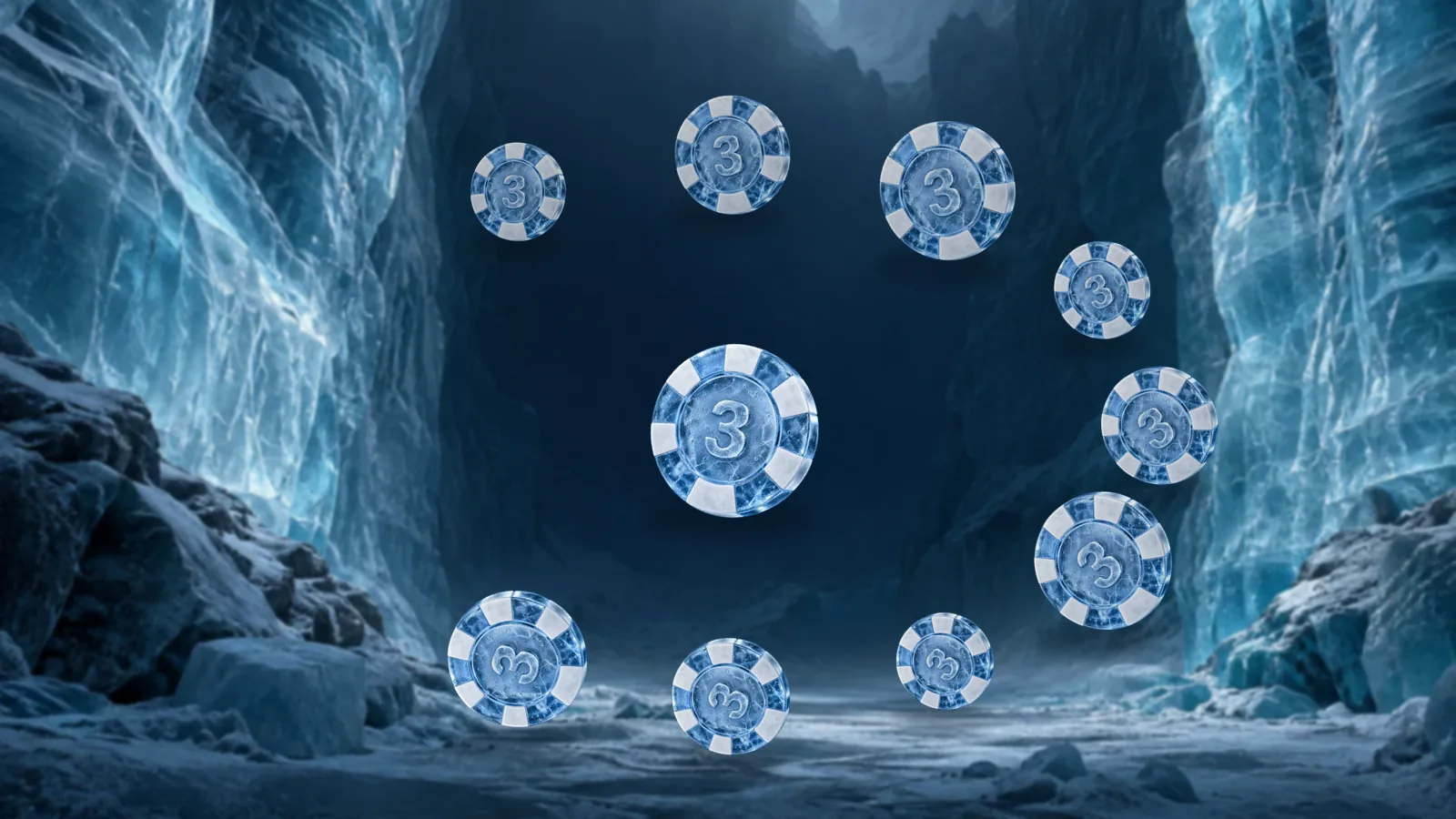 Nine frosted ice poker chips arranged in a crescent arc around one larger chip in a glacier canyon