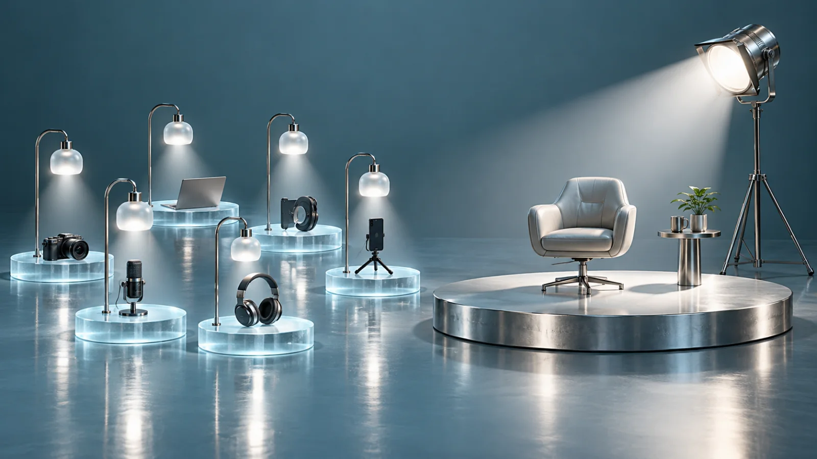 Several small studio lamps beside one large spotlight and an empty chair