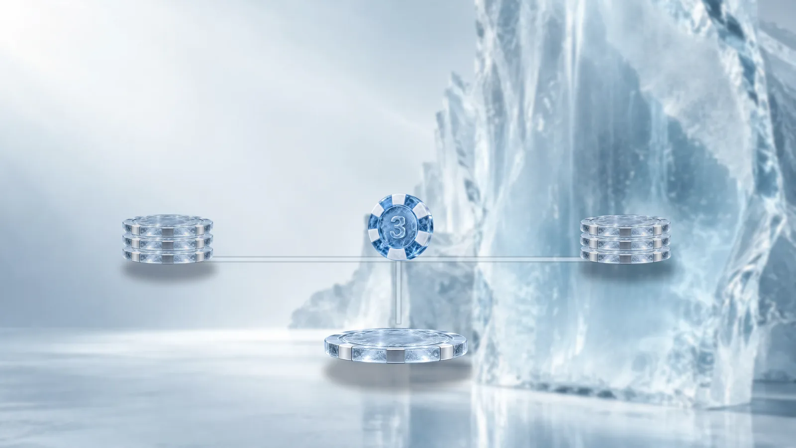 A frosted ice balance beam on a round pedestal with a stack of chips at each end and one chip at the centre