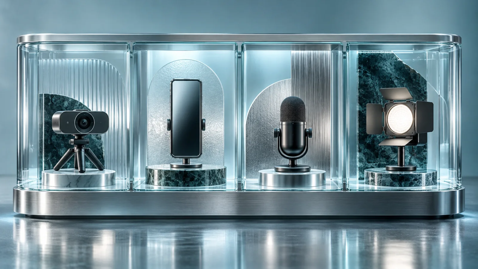 Four different miniature broadcast tools displayed in an ice-glass cabinet