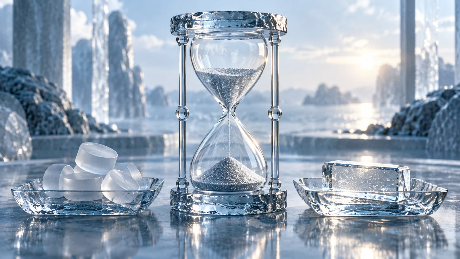 Ice-glass compensation trays beside a vesting hourglass and a precision balance
