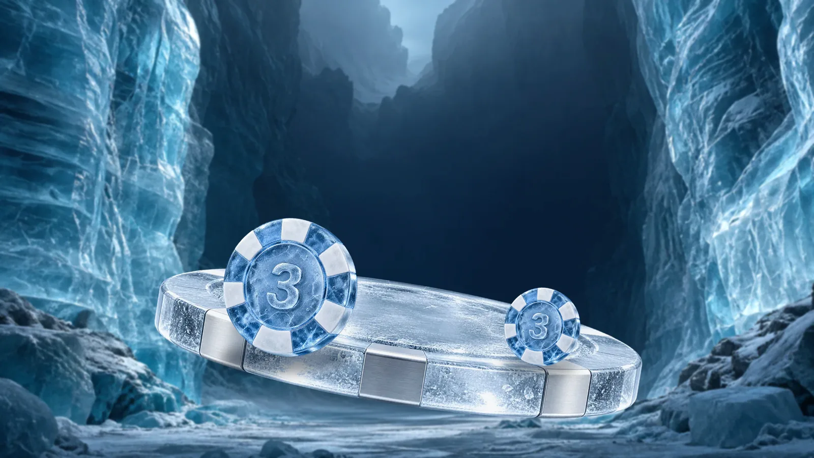 Two frosted ice poker chips of different sizes resting on a tilted round ice slab inside a glacier canyon