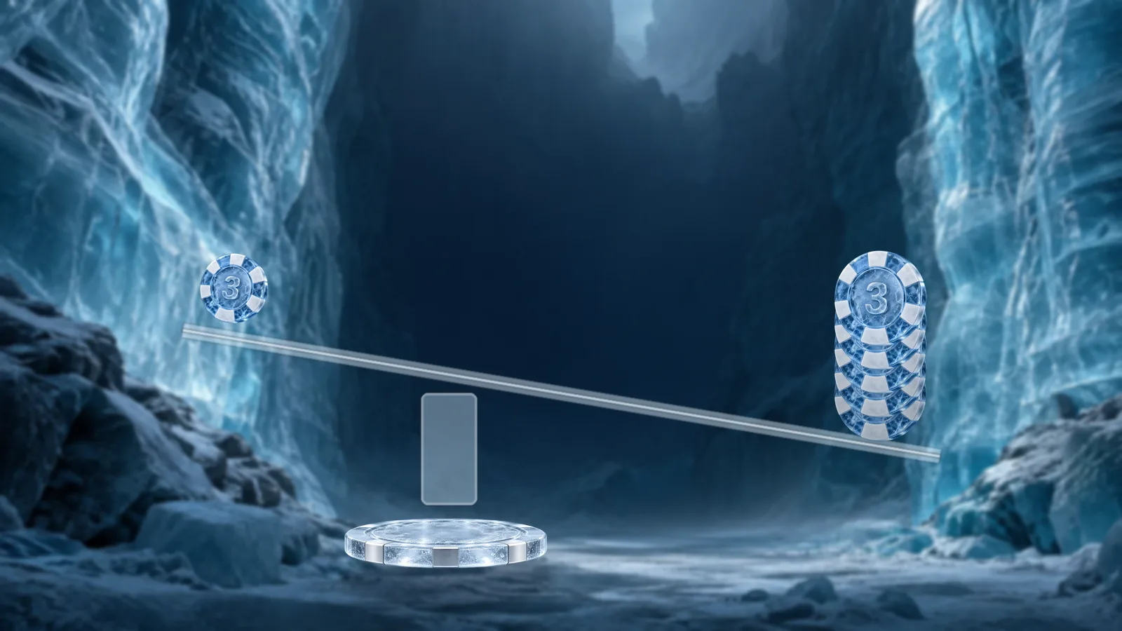 A long frosted ice beam balanced on a post above a round ice pedestal, one poker chip on the raised end and a tall stack of chips on the lower end
