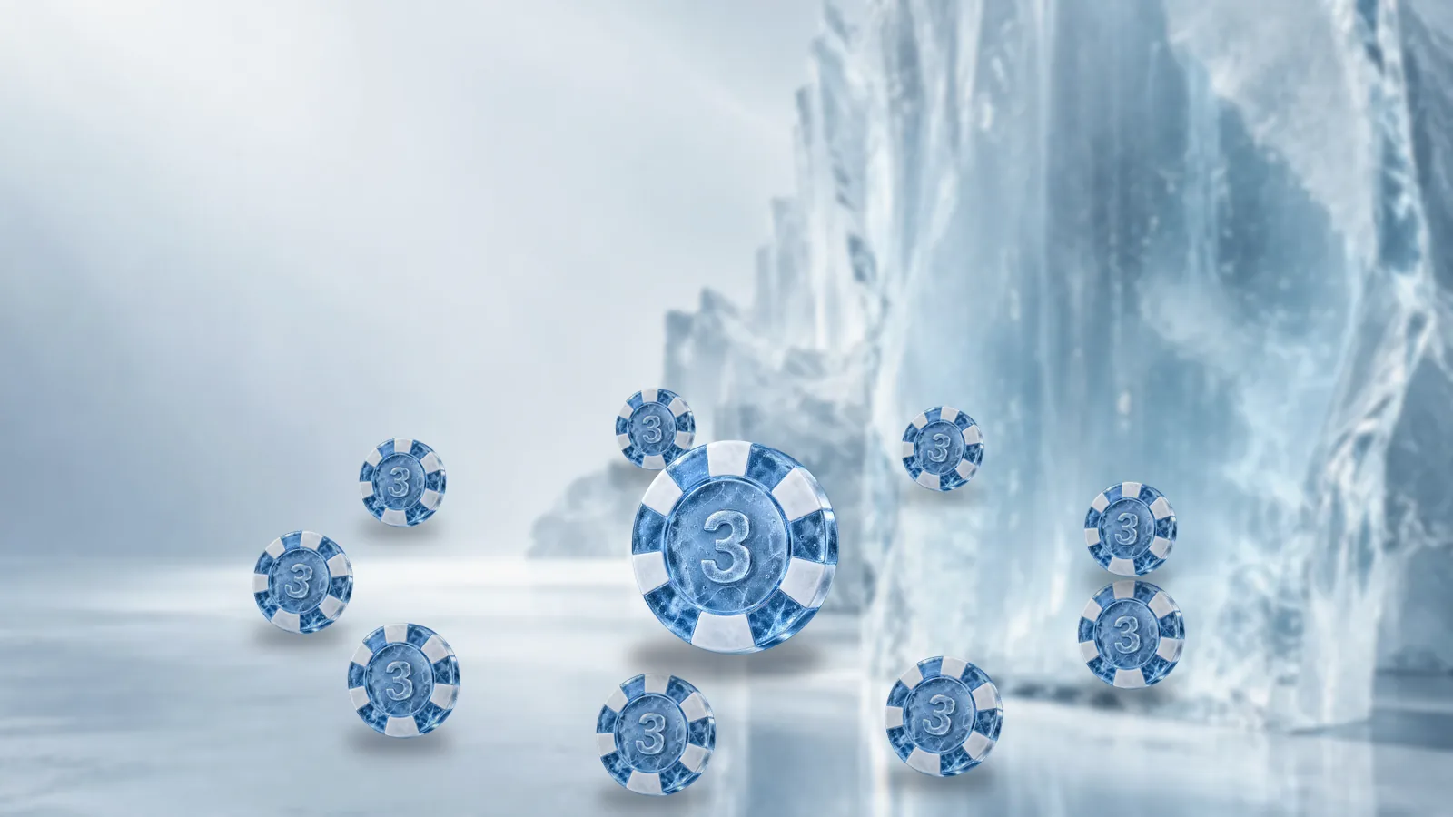 Nine small frosted ice poker chips seated in an oval around one larger chip, like players around a poker table