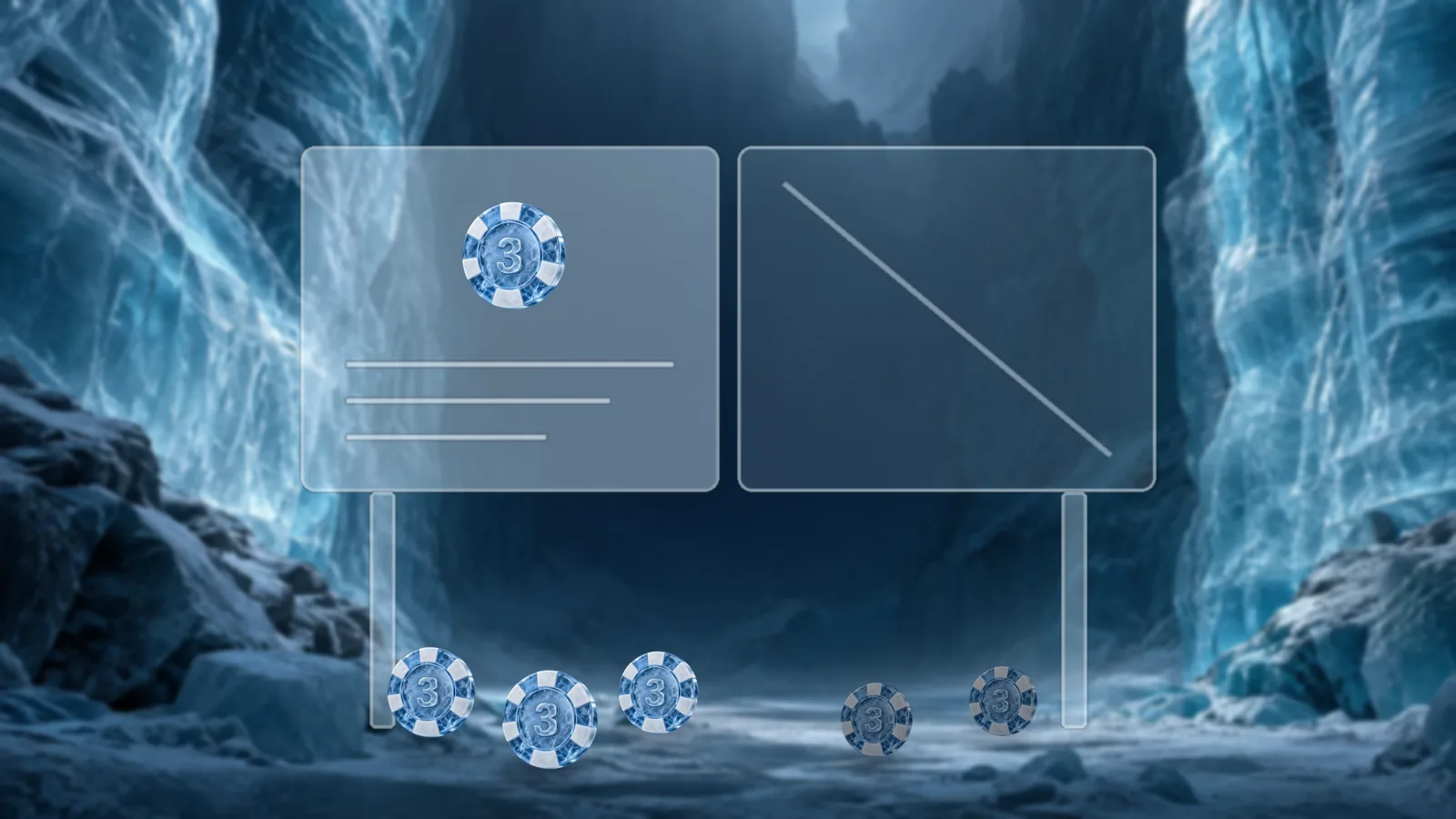 A two-panel frosted ice billboard on posts, the left panel lit with a chip and text lines, the right panel dim and crossed by a diagonal line, chips on the ground below