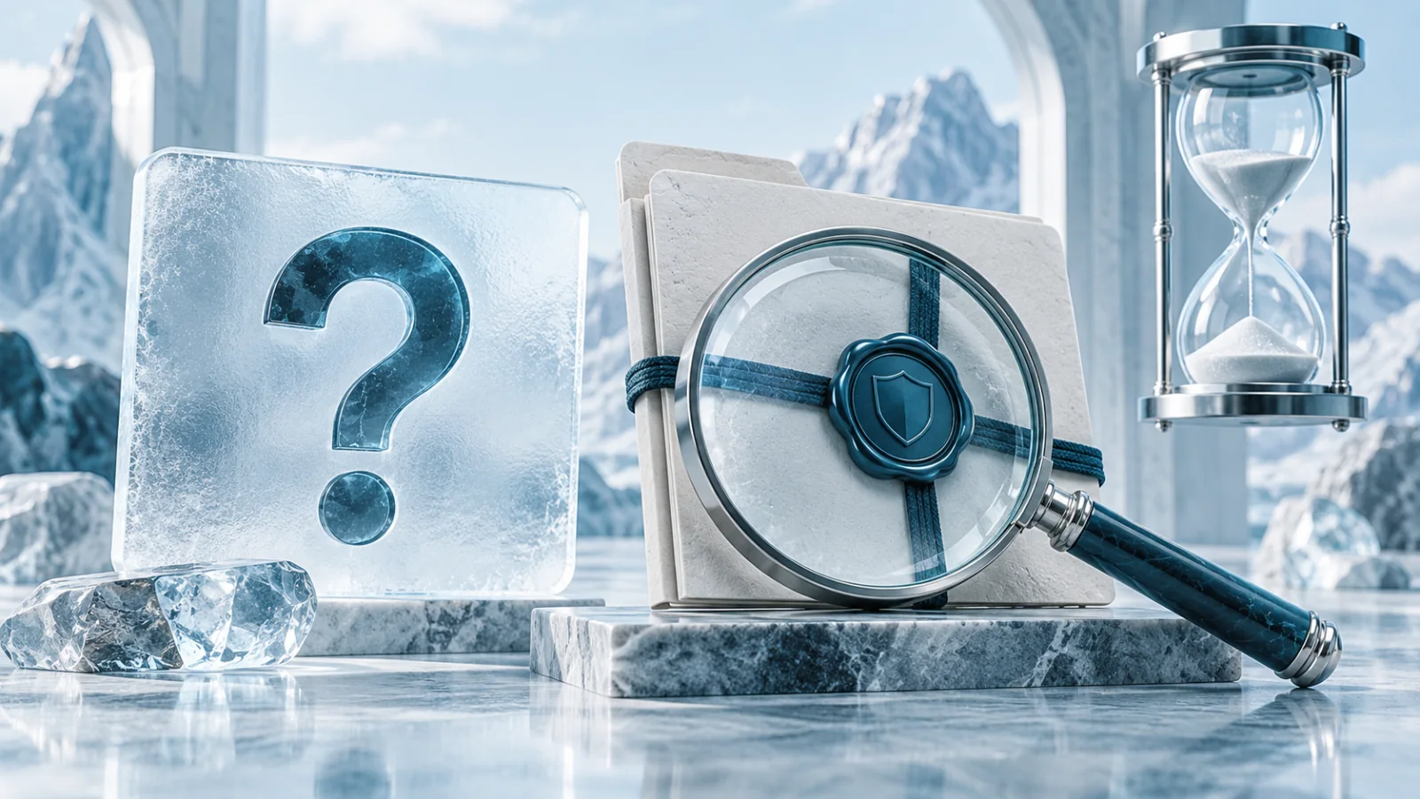 A frosted question card beside a rule folder, magnifying lens and glass hourglass
