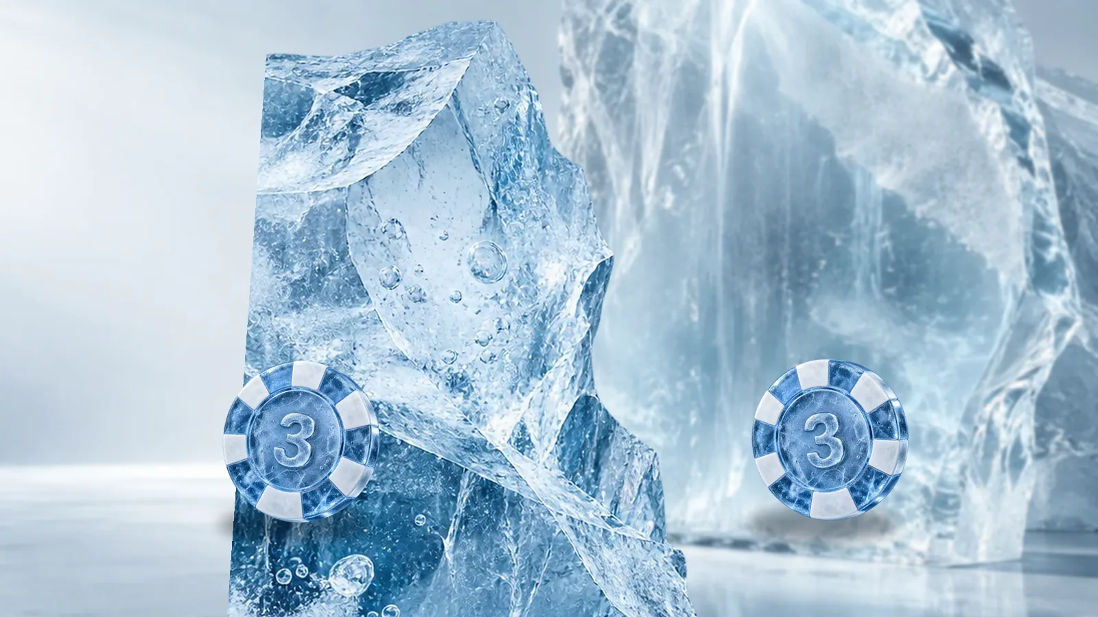 Two frosted ice poker chips standing on opposite sides of a jagged ice ridge in front of pale icebergs