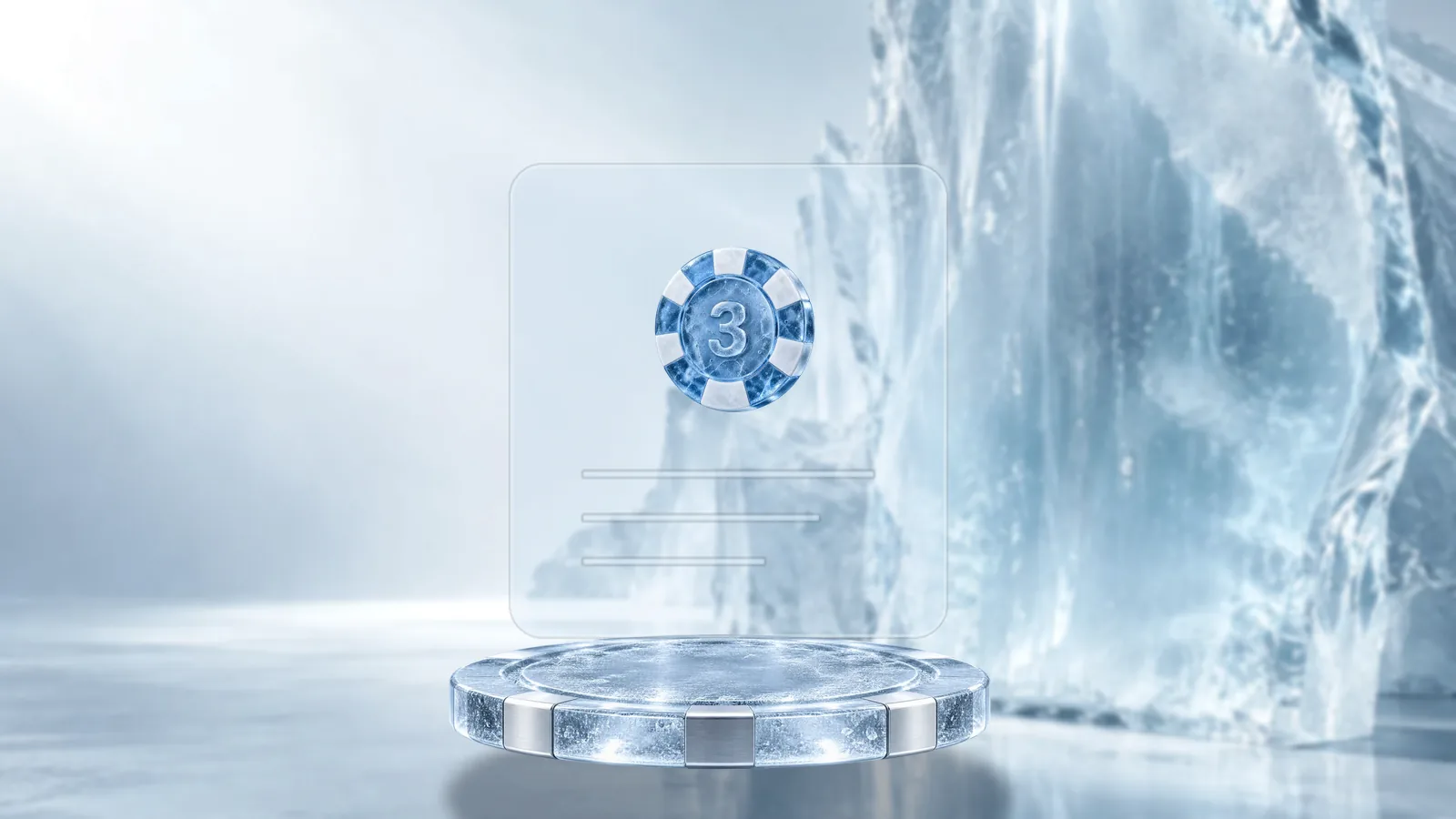 A frosted ice card standing on a round ice pedestal, with a 3betmedia poker chip at the top of the card and three lines of frost below it