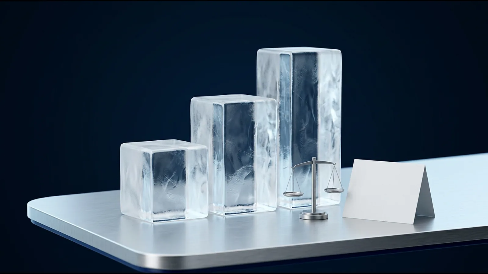 Three ice-glass blocks of rising height on a silver table beside a small balance scale