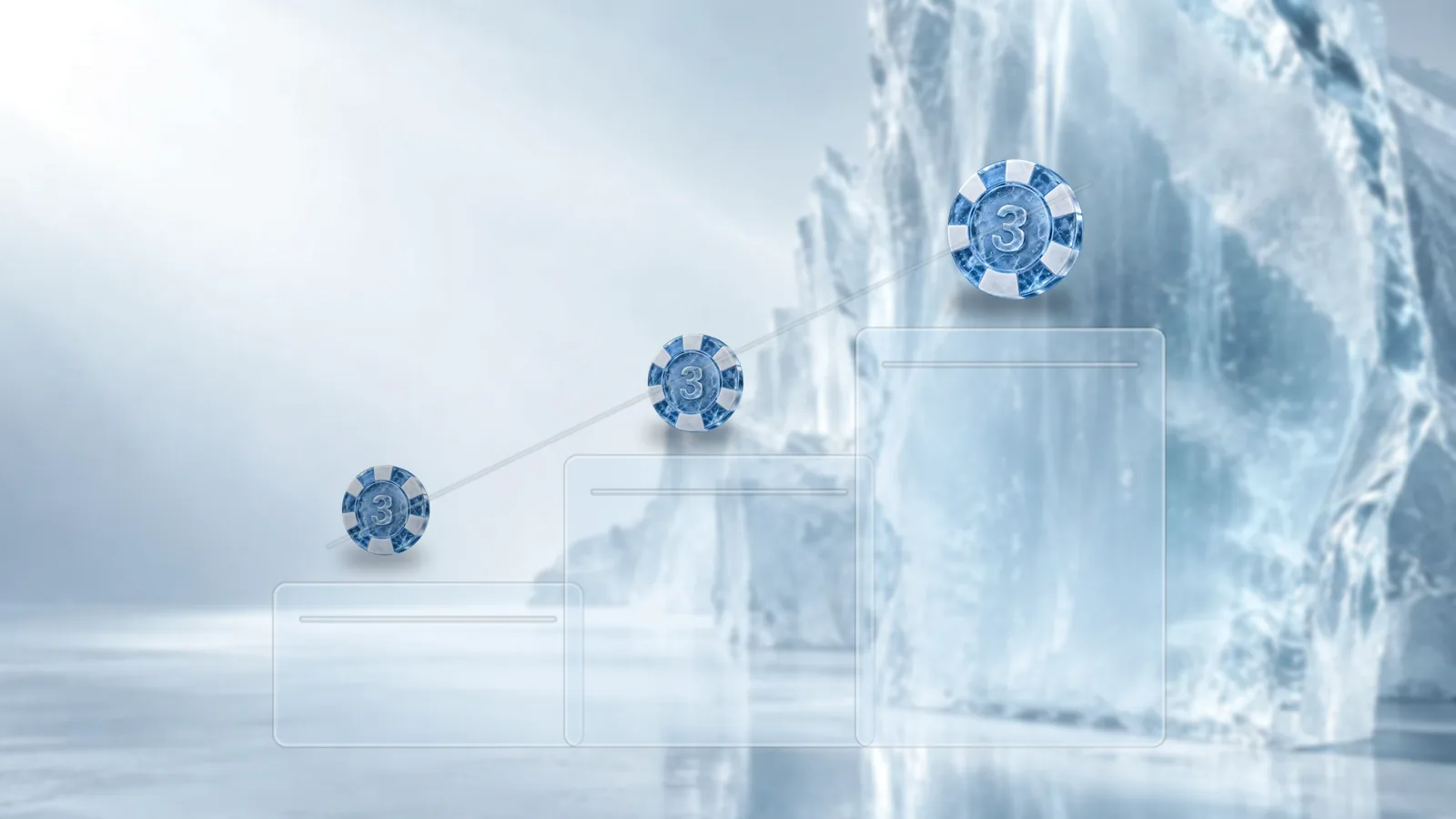 Three frosted ice blocks rising like steps in a bright ice studio, a small poker chip on each lower step and a larger chip on the top step