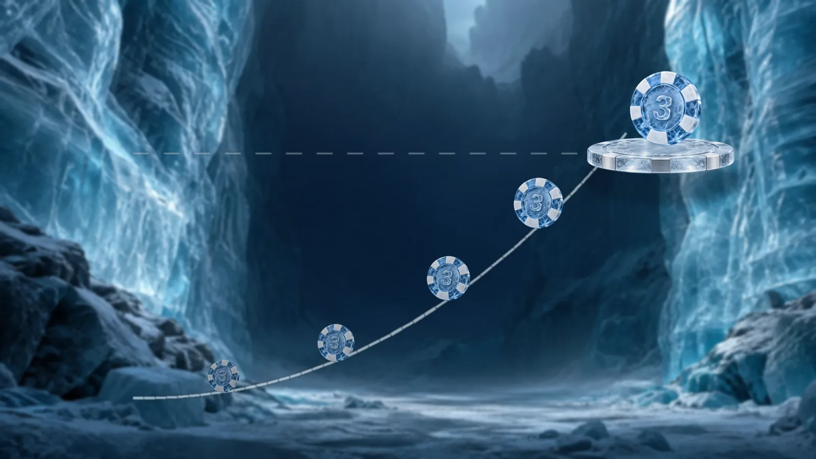 A frosted curve rising steeply across an ice canyon with poker chips along it, the top chip sitting on a round ice pedestal beside a dashed line