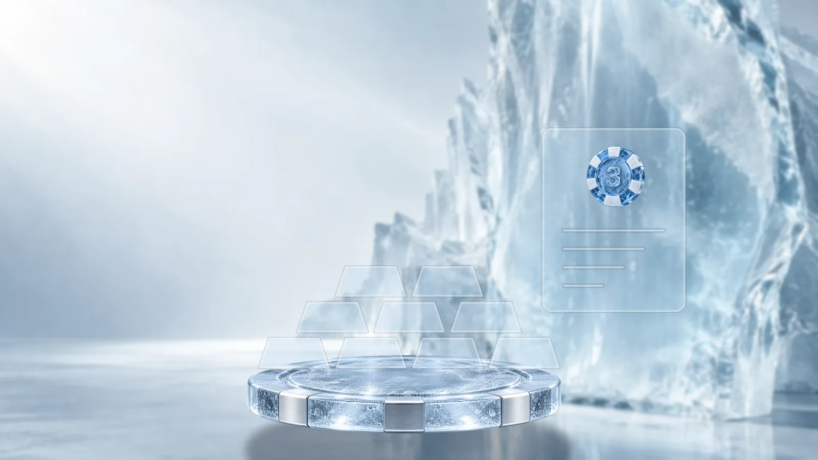Frosted ice ingots stacked in a pyramid on a round ice pedestal, beside a frosted deed card with a poker chip as its seal