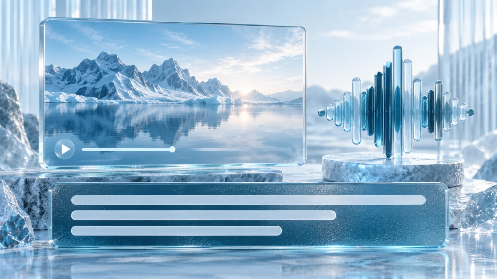 A glass video frame with distinct caption lines, an audio-wave sculpture and a high-contrast caption panel