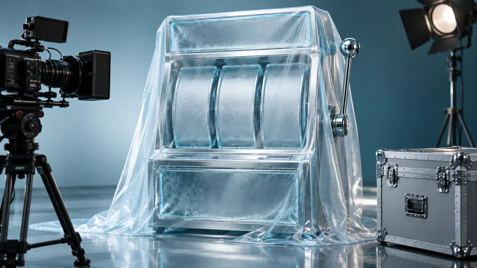 A veiled unbranded ice-glass game cabinet beside a broadcast camera and flight case