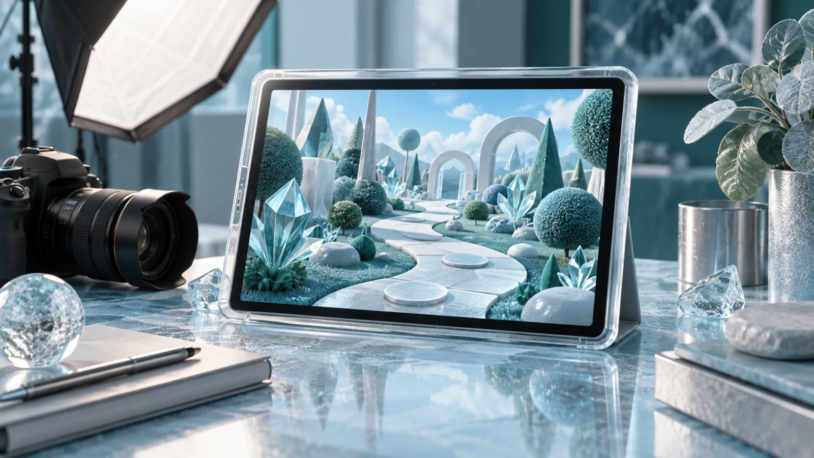 A tablet with an abstract geometric garden beside a camera and softbox