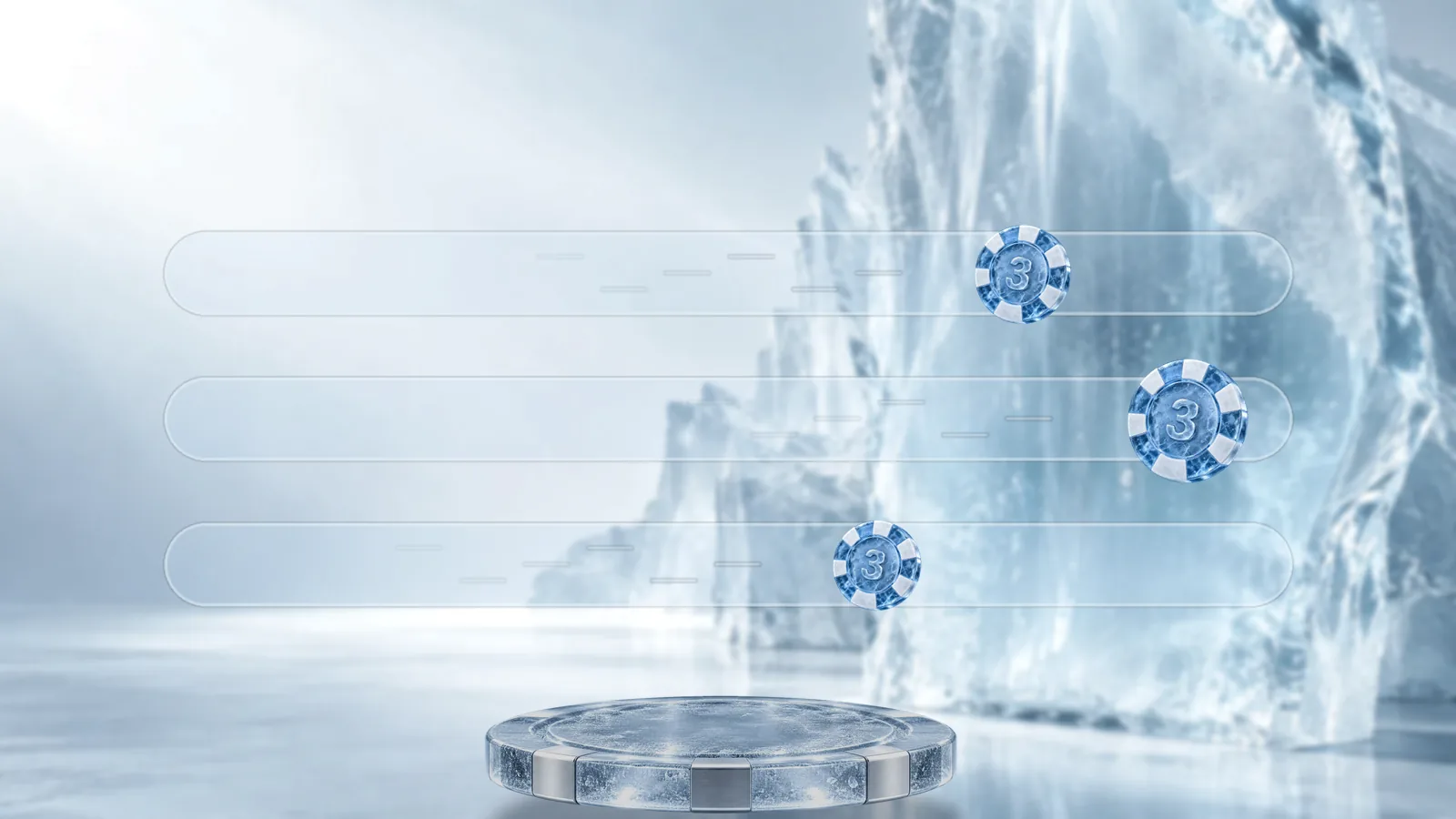 Three long frosted ice lanes in a bright ice studio with a poker chip racing along each, short frosted trails behind them, above a round ice pedestal