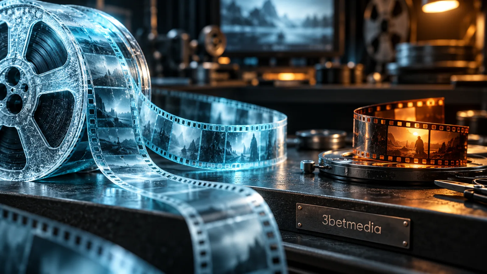 A long cyan film reel and a separate short amber film segment on an editing bench