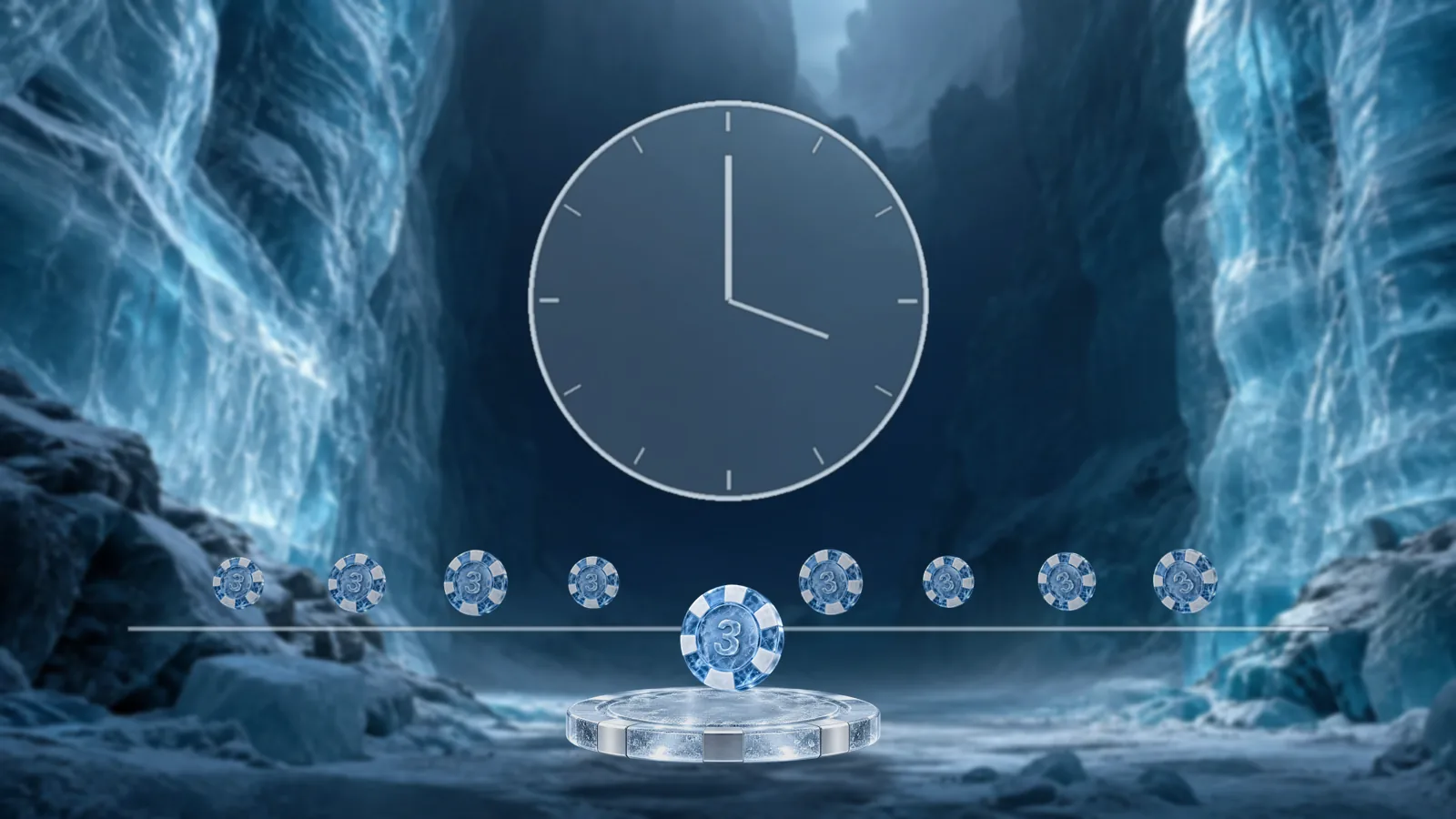A large frosted ice clock face above a frosted pitch line in an ice canyon, poker chips lined up beneath the clock and one chip on a round ice pedestal