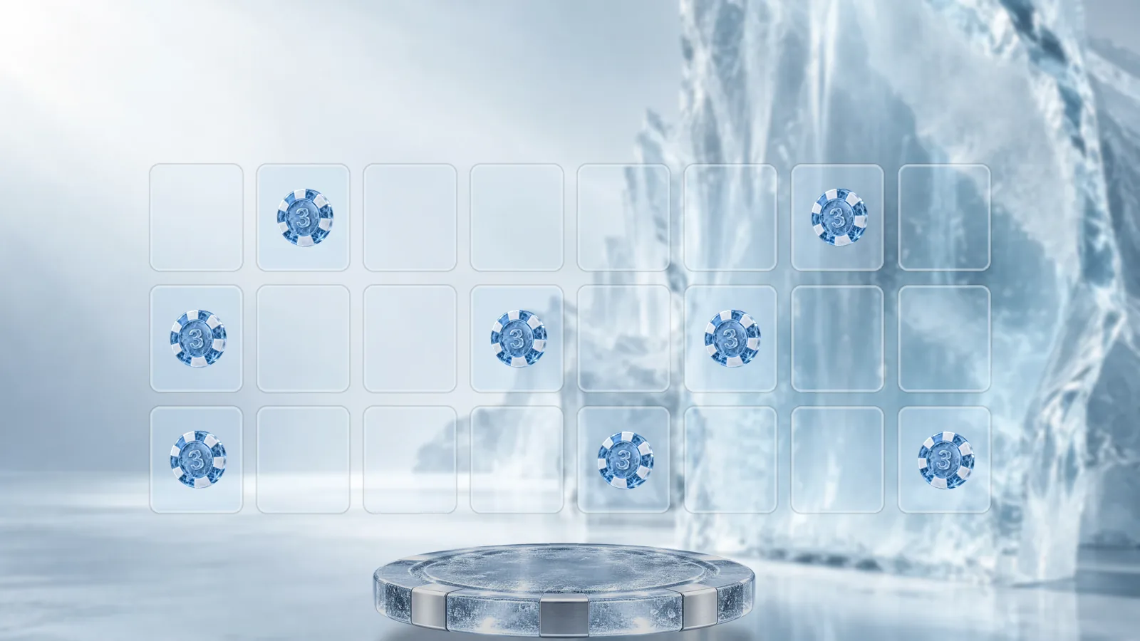 Twenty-four frosted ice tiles in three rows, eight of them brighter with a poker chip on each, above a round ice pedestal