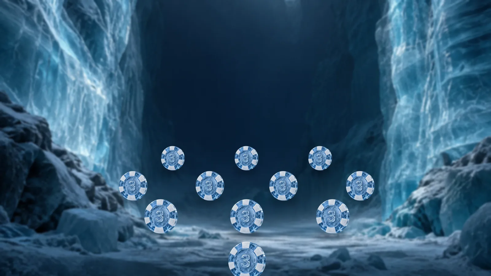 Eleven frosted ice poker chips laid out like a football team formation on the floor of a glacier canyon