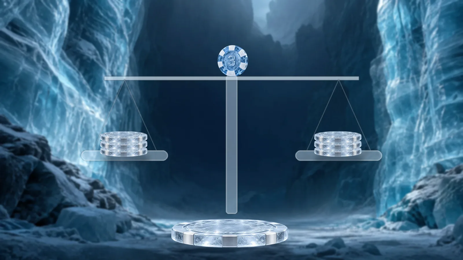A frosted ice balance scale standing on a round ice pedestal, its beam perfectly level, with an equal stack of poker chips on each pan and one chip on top